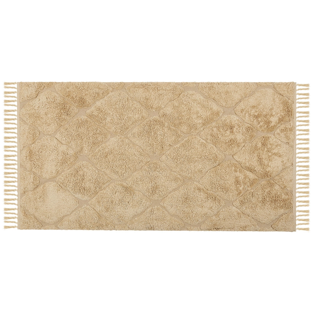 Tappeto beige in cotone trapuntato motivo geometrico con nappe 80 x 150 cm stile boho soggiorno camera da letto