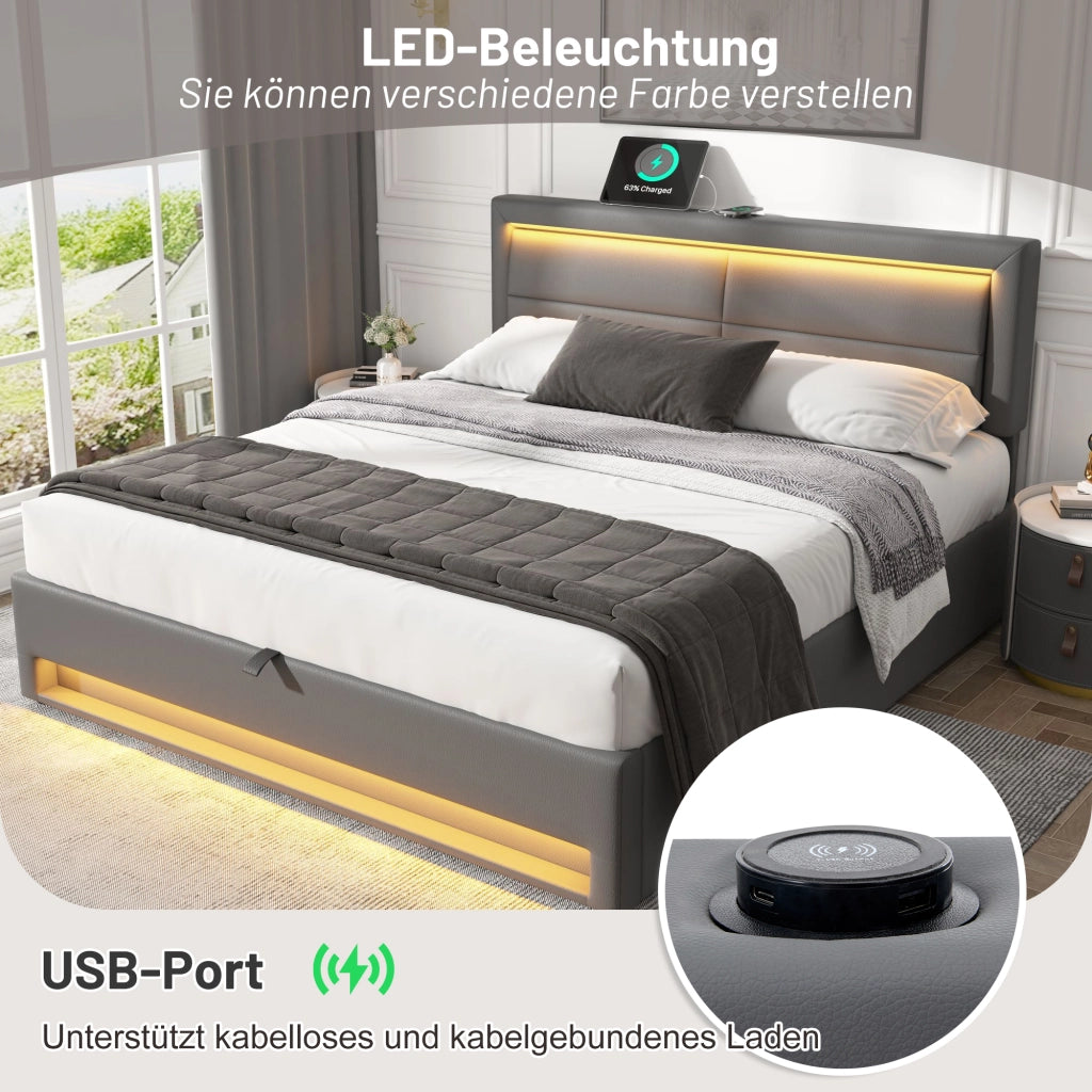 LETTO imbottito multifunzionale 140x190 cm PU grigio con USB, LED e contenitore