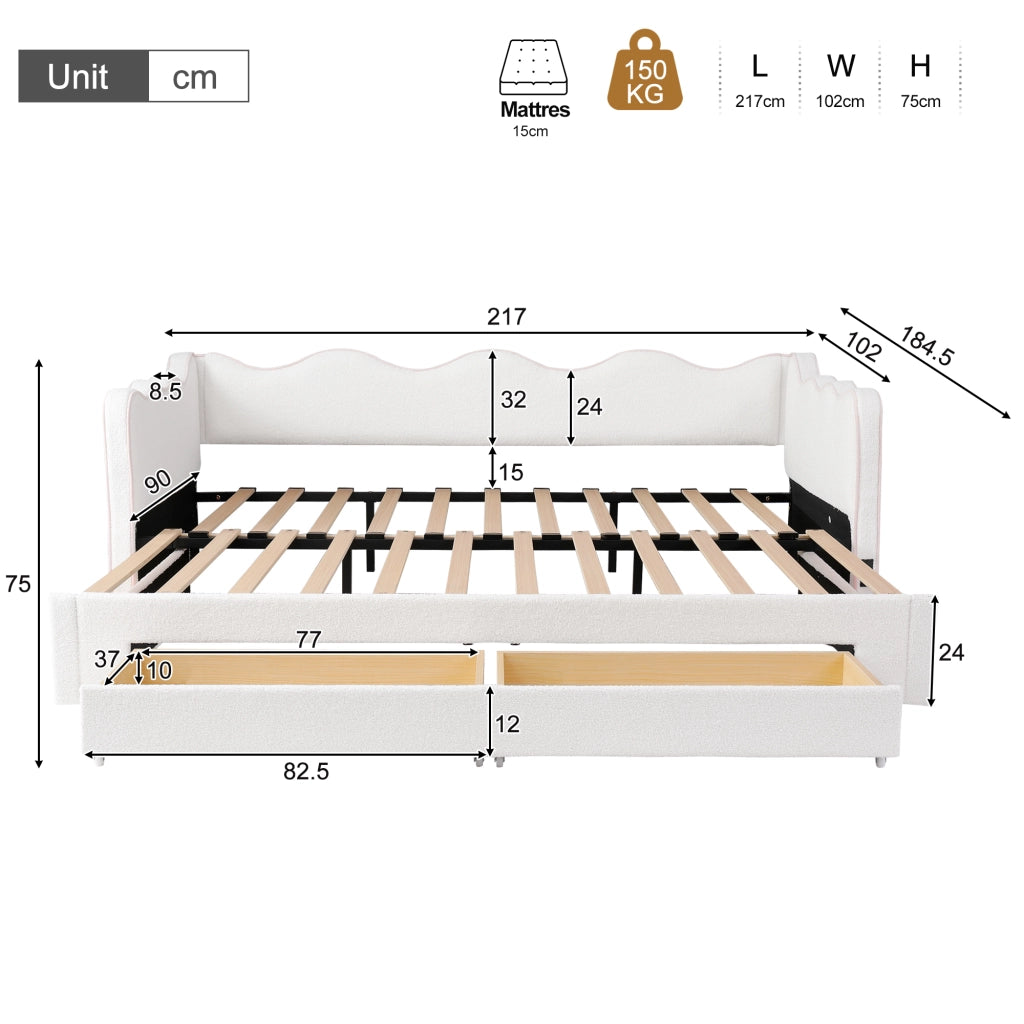 Letto daybed estraibile con cassetti, USB e Type-C, bouclé beige, 90x200 cm