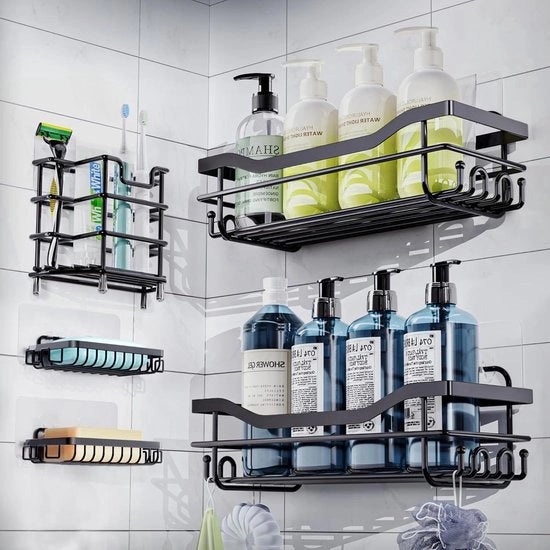Organizzatore Bagno Autoadesivo - 5 Pezzi - Nero - Acciaio Inox
