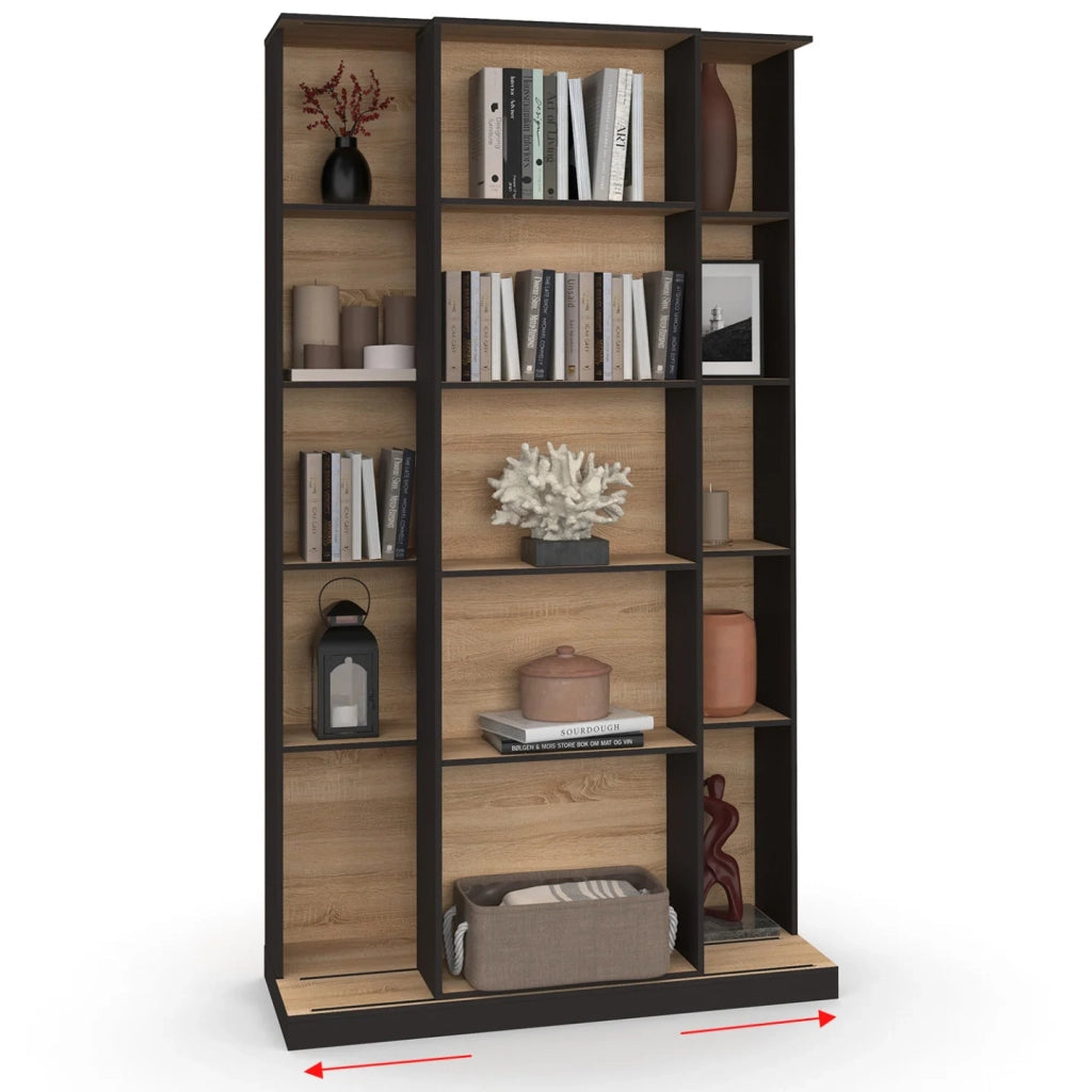 IDMarket - ALPHONSE Libreria scorrevole in legno e nero a 5 livelli e 15 nicchie