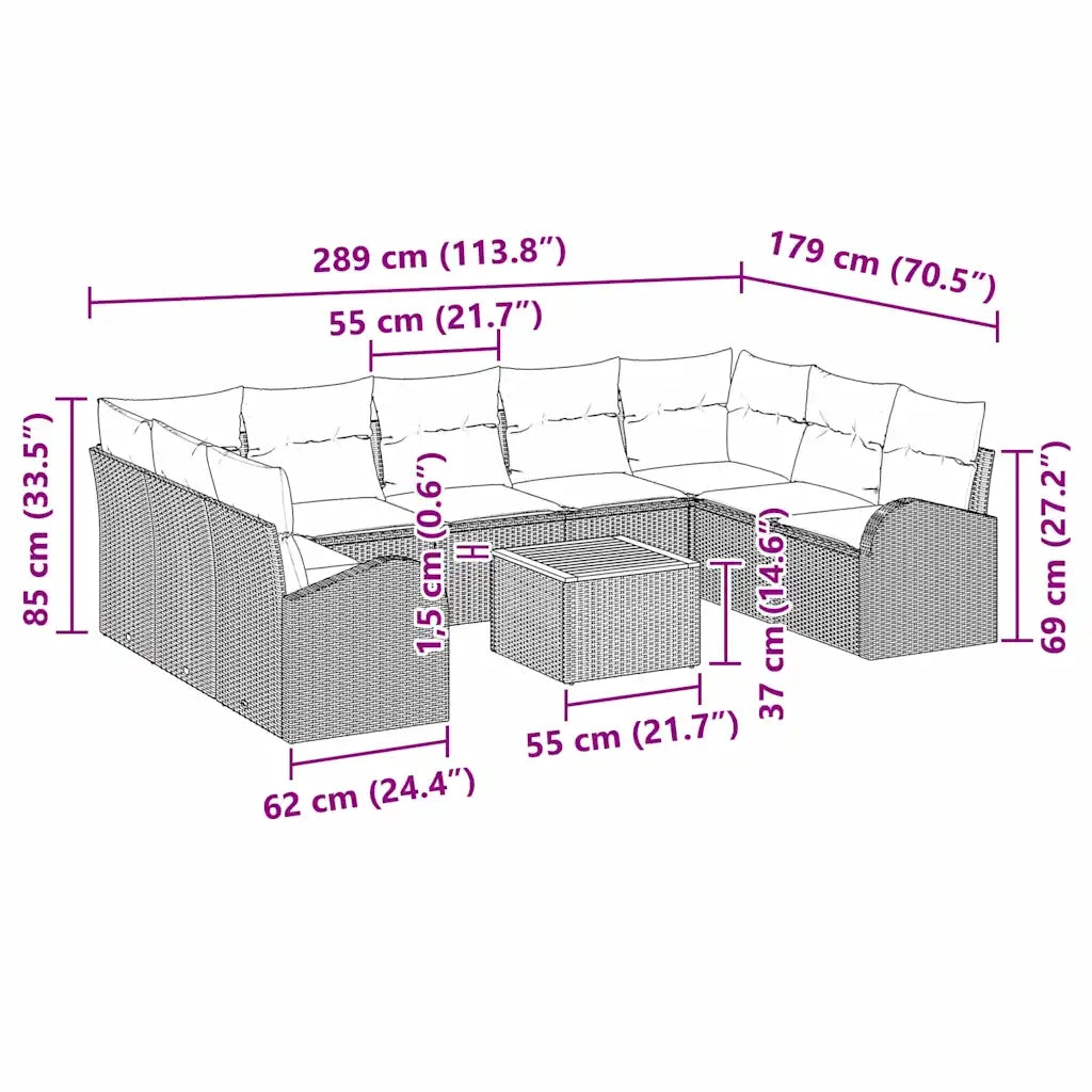 Set Divano da Giardino con cuscino 10 pcs Beige polyrattan 3347624