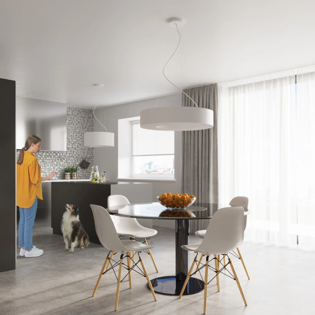 Lampadario rotondo Saturno Slim a 6 luci, 70 cm, tessuto bianco, PVC, acciaio