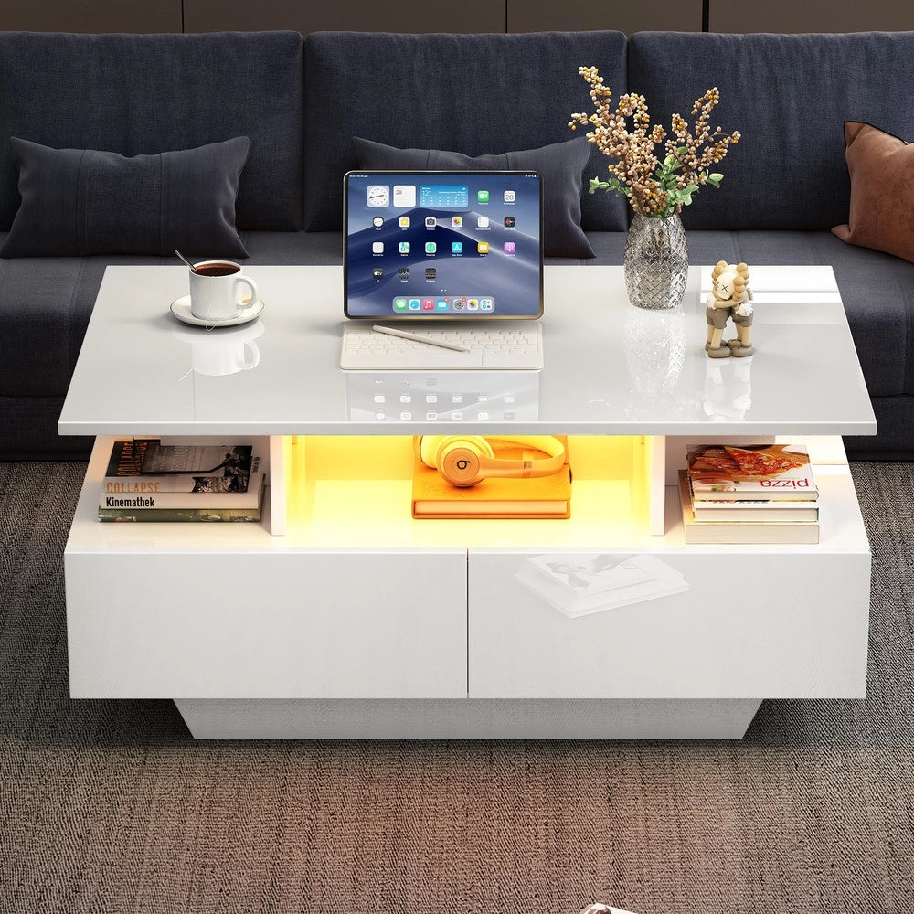 Tavolino da Caff¨¨ con LED e 2 Cassetti ¨C MINIMAL ¨C Lucido Bianco 90x55x41