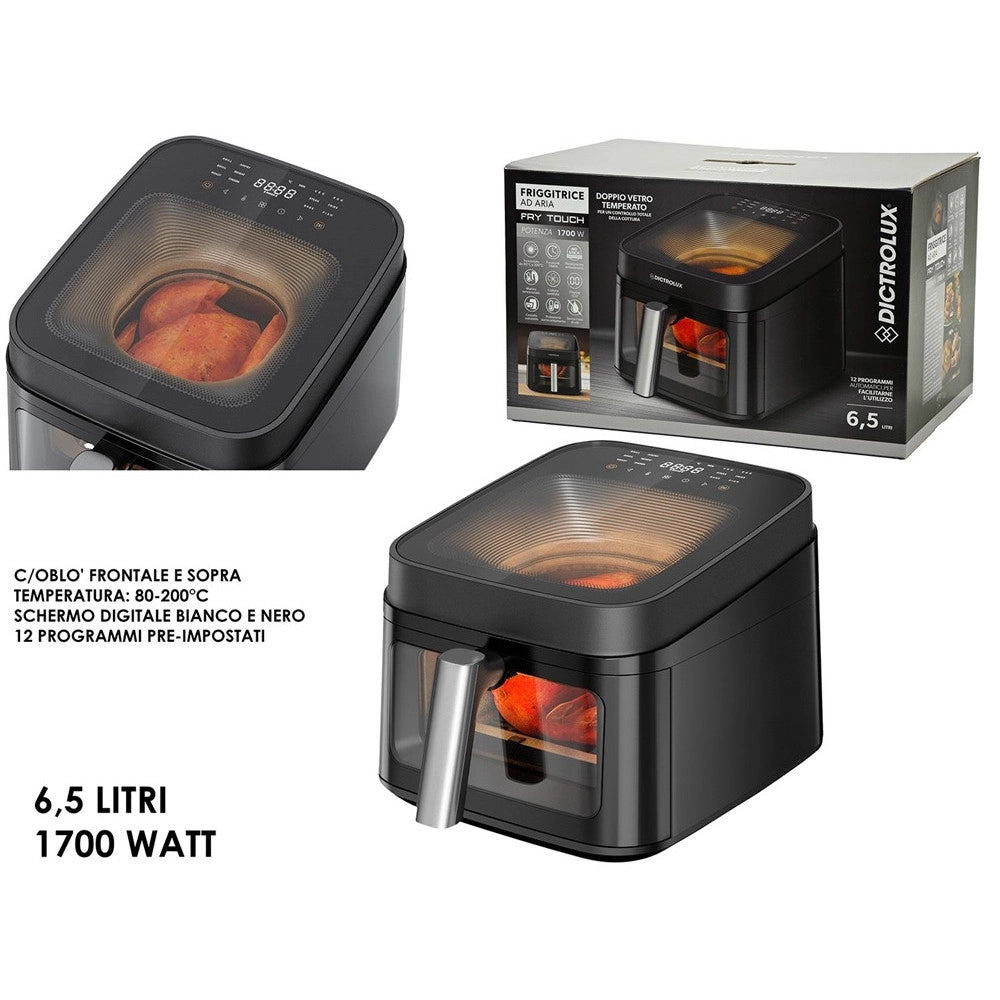 Trade Shop - Friggitrice Ad Aria Doppia Finestra Oblò Vetro Temperato Forno 6,5 Lt 1700w 12 Programmi -