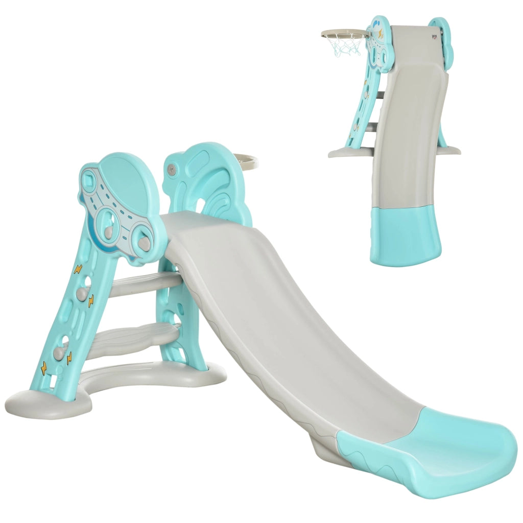 Scivolo per Bambini Pieghevole con Canestro Basket 140x87x75 cm Blu e Grigio