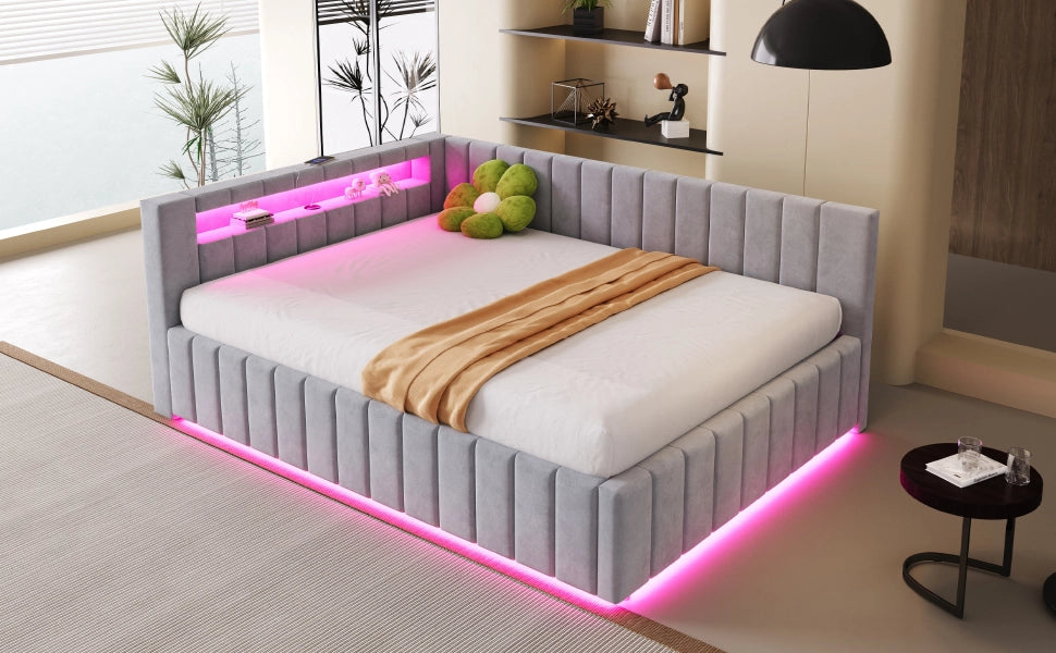 LETTO imbottito 140x200 cm Grigio in velluto con contenitore, LED e USB