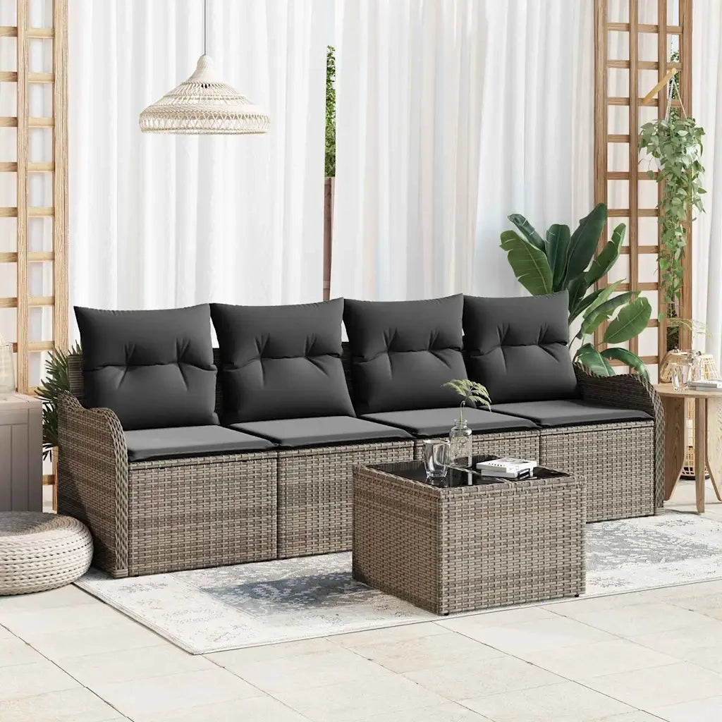 Set Divano da Giardino 5 pcs Grigio Polyrattan, Acciaio e Vetro