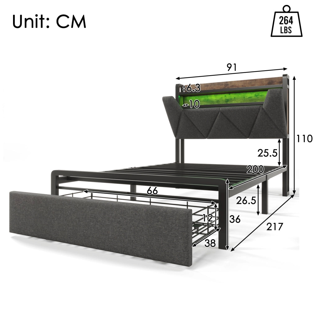LETTO 90x200 cm in lino grigio con testiera contenitore, LED e cassetti