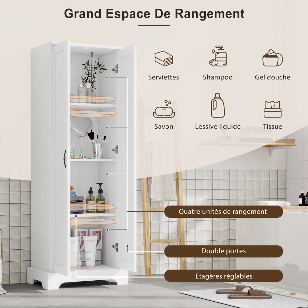Armadietto da bagno con 2 ante, 4 vani e ripiani regolabili, soft-close, in MDF, bianco, 56 × 40 × 170 cm
