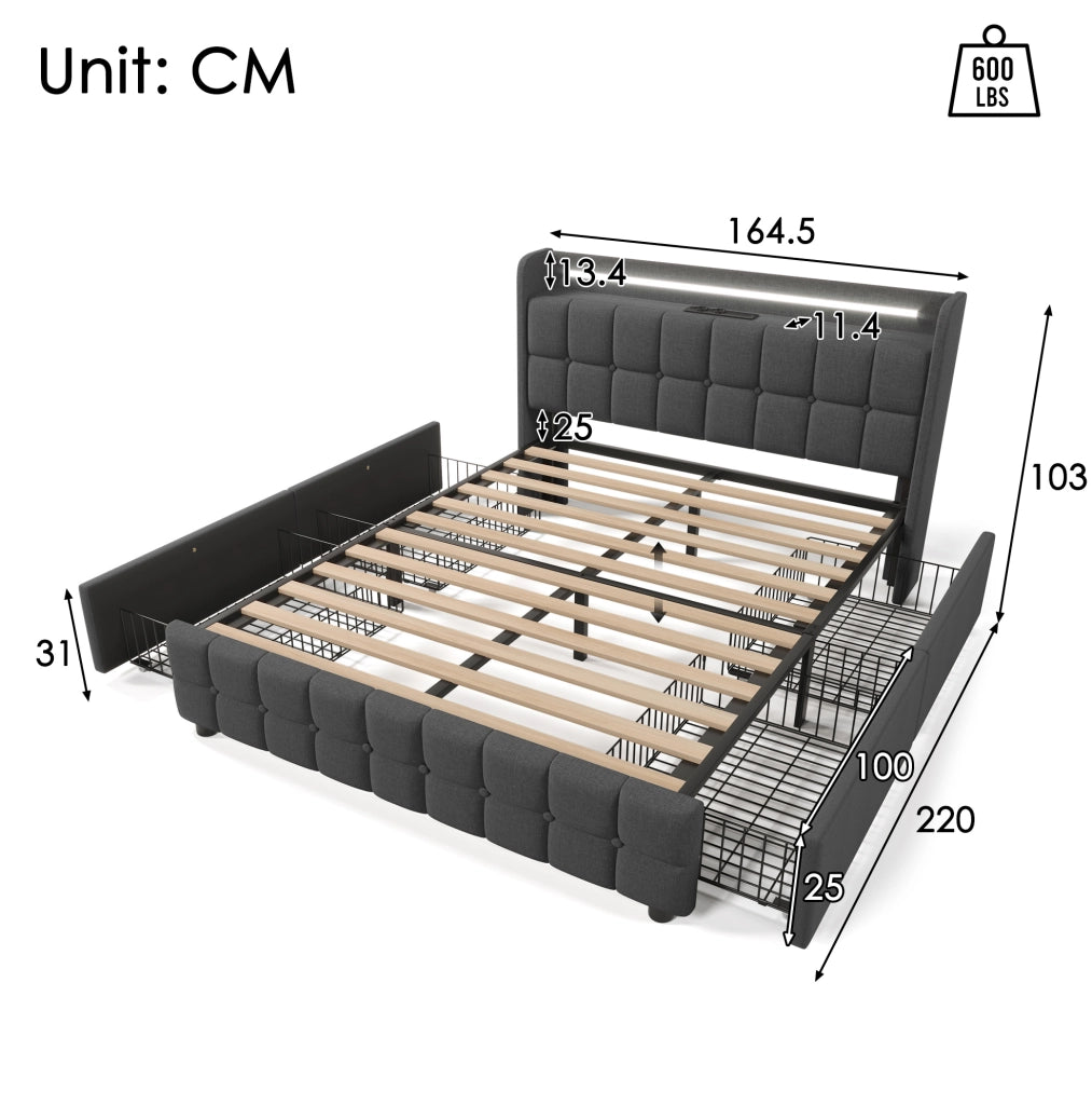 Letto matrimoniale 160x200 cm con USB, LED e 4 cassetti