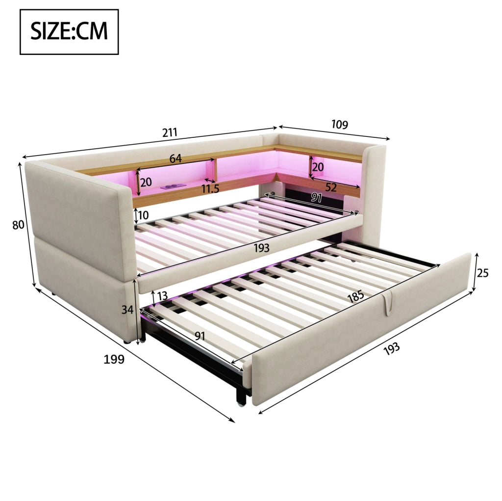 Divano letto imbottito multifunzione con vani contenitore, LED e prese integrate