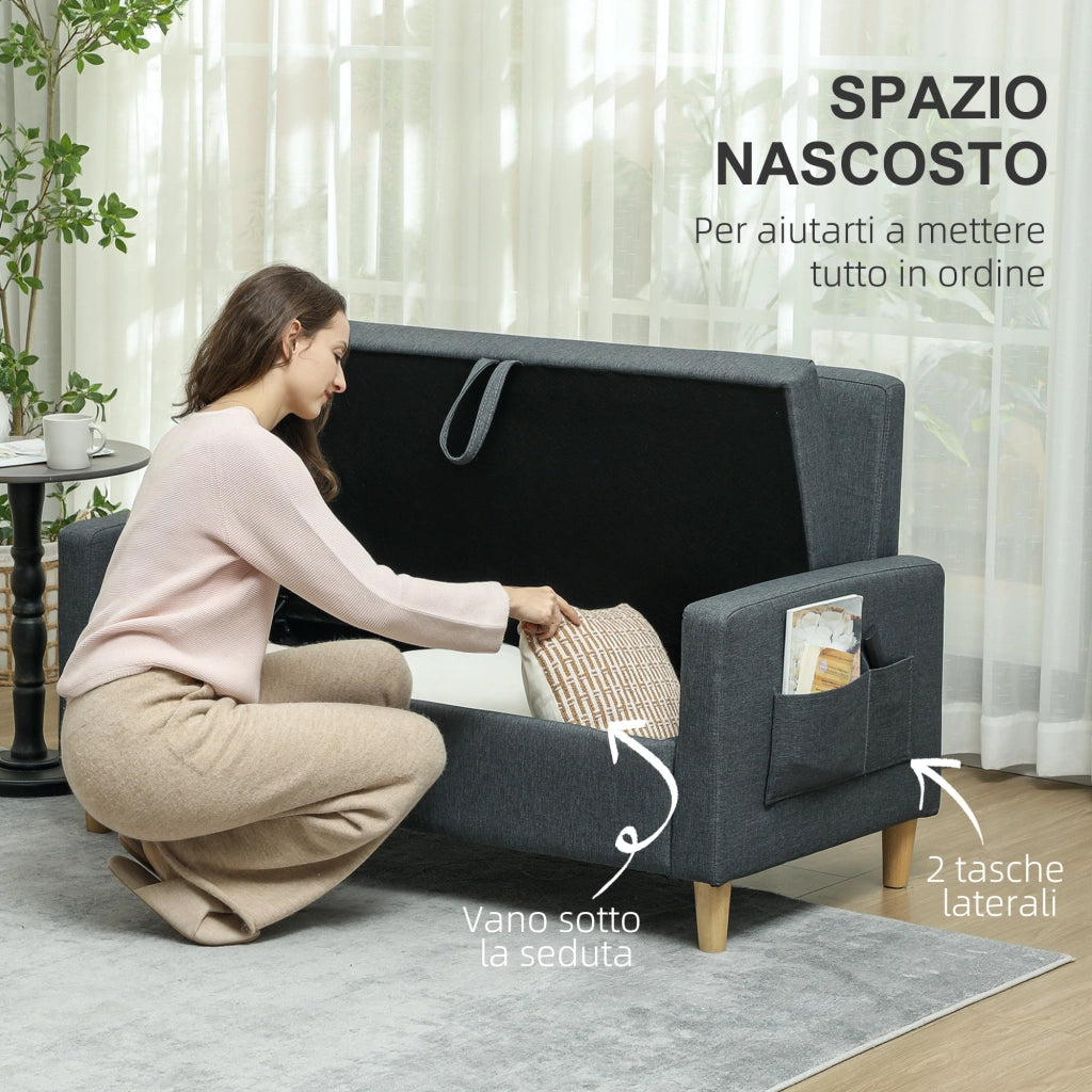 Divano 2 Posti con Cuscini e Spazio Portaoggetti ¨C Zephmum ¨C Tessuto Effetto Lino, Grigio Carbone, 135x72x84 cm