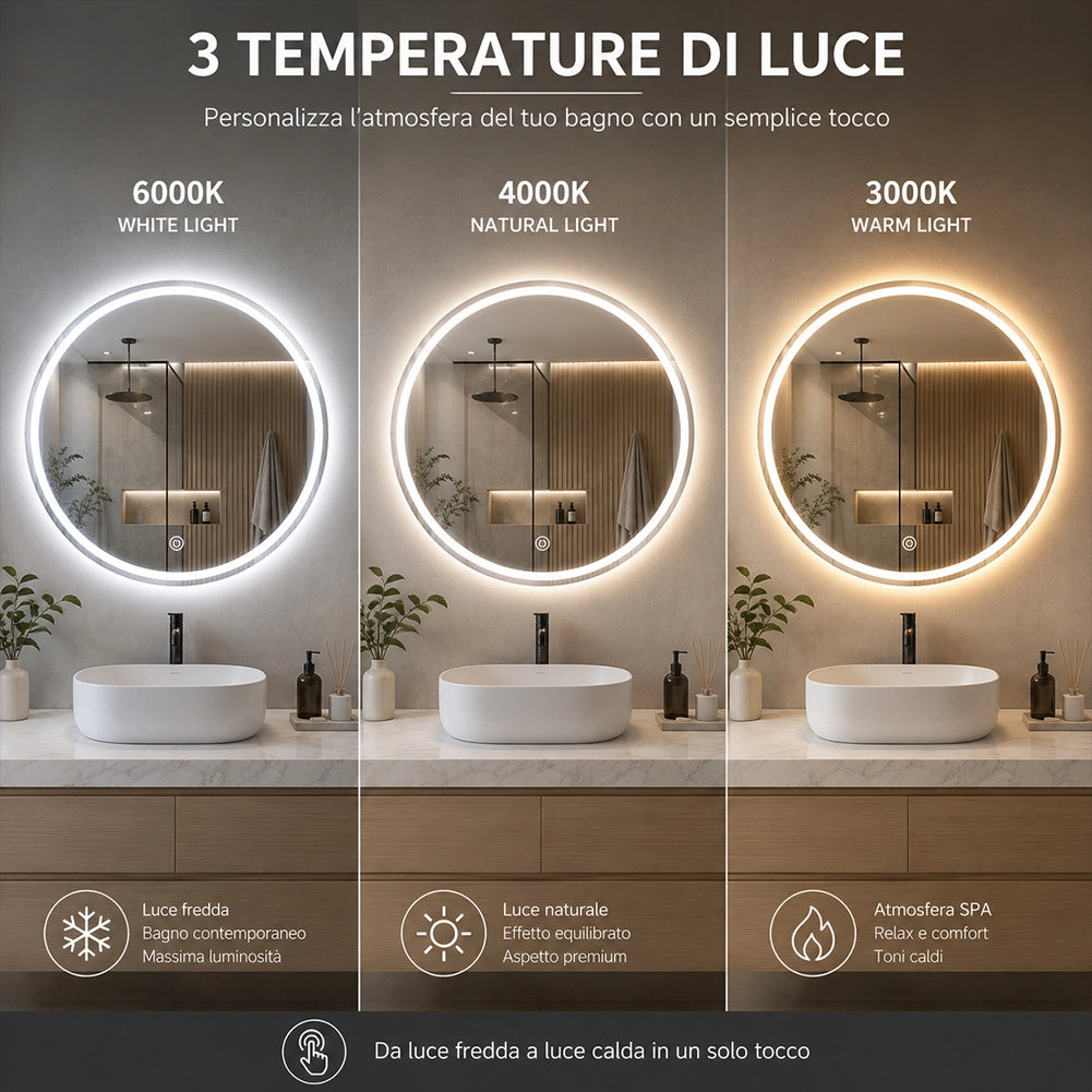 Specchio Rotondo Ø60cm LED a 3 Colori Dimmerabile Accensione Touch