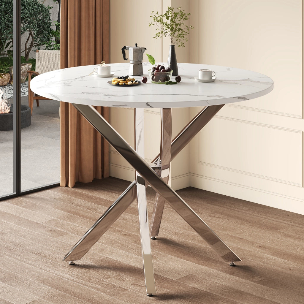 TAVOLO da pranzo rotondo 80 cm effetto marmo bianco e argento