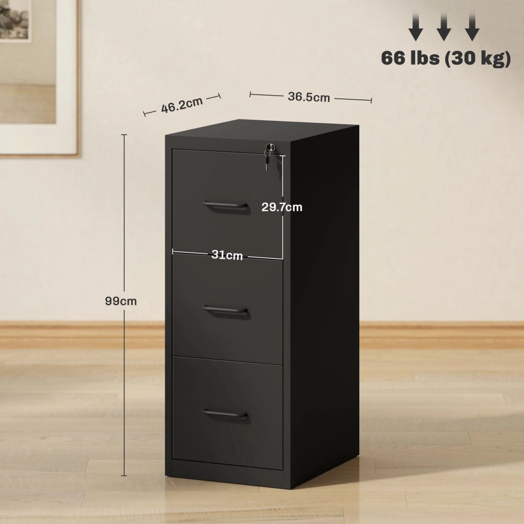 Cassettiera da Ufficio Schedario  Portadocumenti a 3 Cassetti 36,5x46,2x99 cm in Acciaio Nero