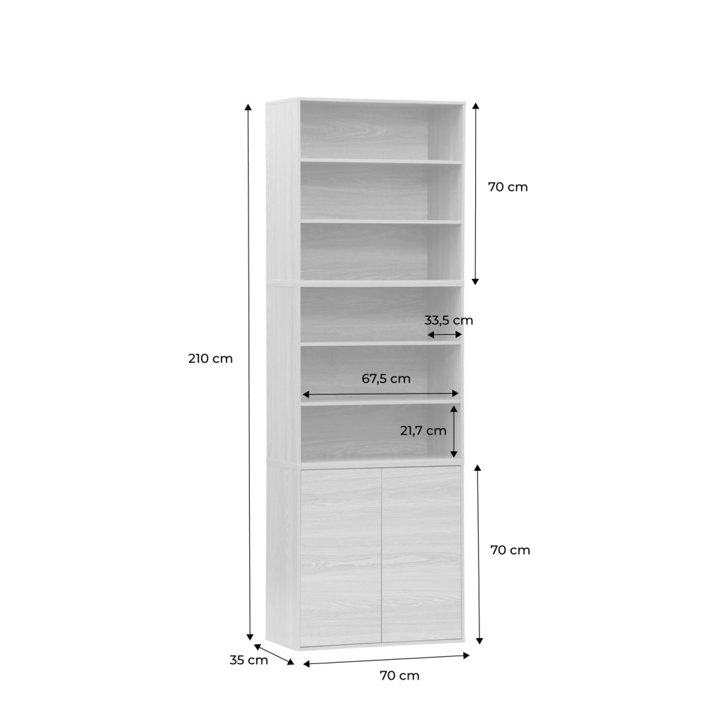 Libreria modulare con 2 ante e 5 livelli, quercia