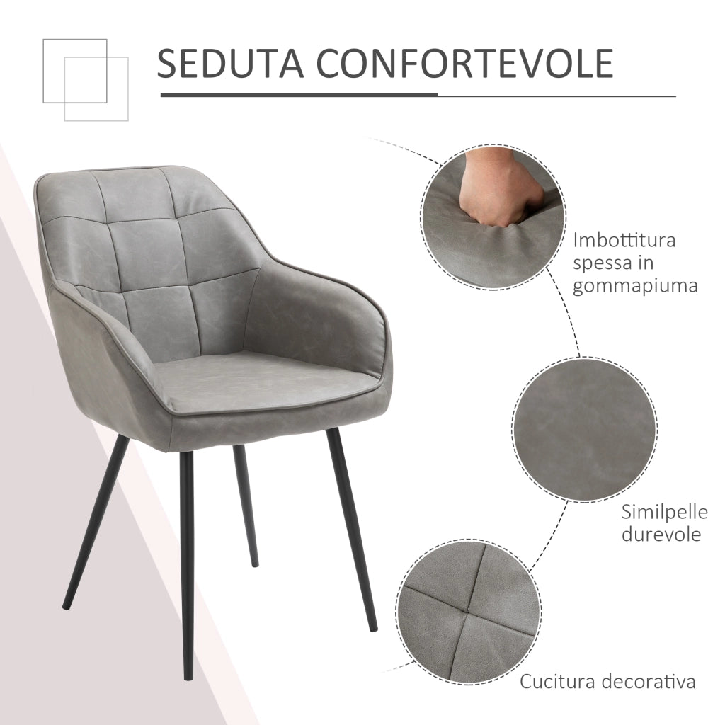 Sedia da Pranzo in Stile Industriale con Schienale, Sedia da Soggiorno Moderna in  Finta Pelle e Metallo Nero, 61x58x84 cm, Grigia