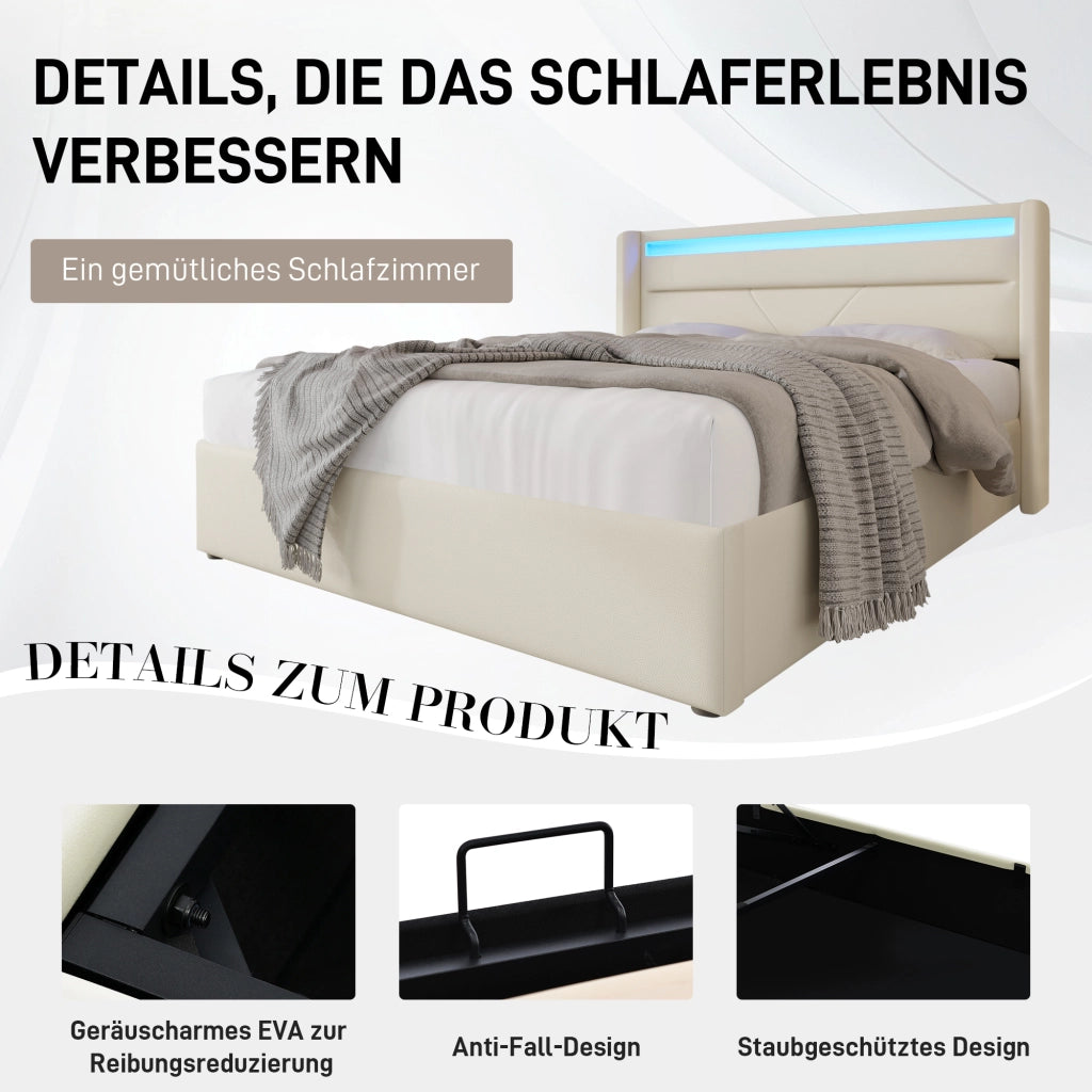 LETTO Contenitore 160x200 cm PU Bianco con LED e telecomando