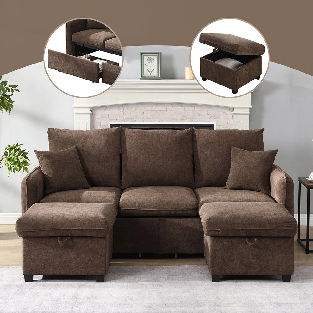 Divano angolare - Xylo - 3 posti modulare cassetti+pouf chenille
