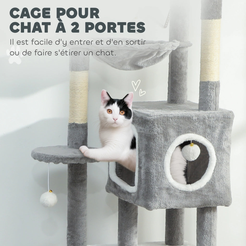 Arbre ¨¤ chat con 2 nicchie, piattaforme, amaca, scala e 4 pompon ¨C zephmum ¨C 165 cm grigio