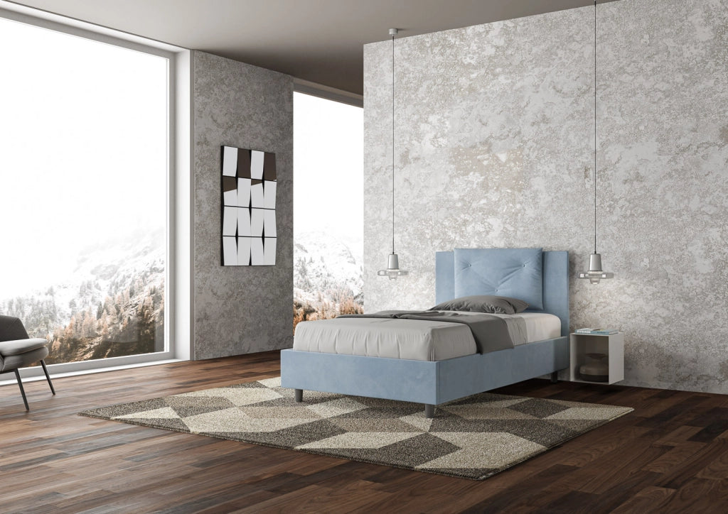 BS COM Letto singolo con rete imbottito 100x200 microfibra azzurro