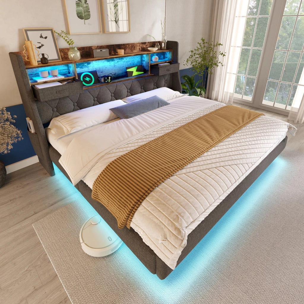 LETTO 140x200 cm in lino grigio con LED e porte USB Type-C