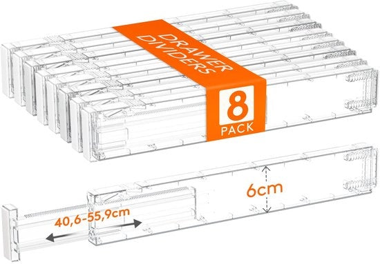 Set di 8 divisori in plastica per cassetti con larghezza interna di 40-50 cm e altezza di 6 cm, sistema di archiviazione regolabile per armadio/camera da letto/comodino/cucina/ufficio, trasparente
