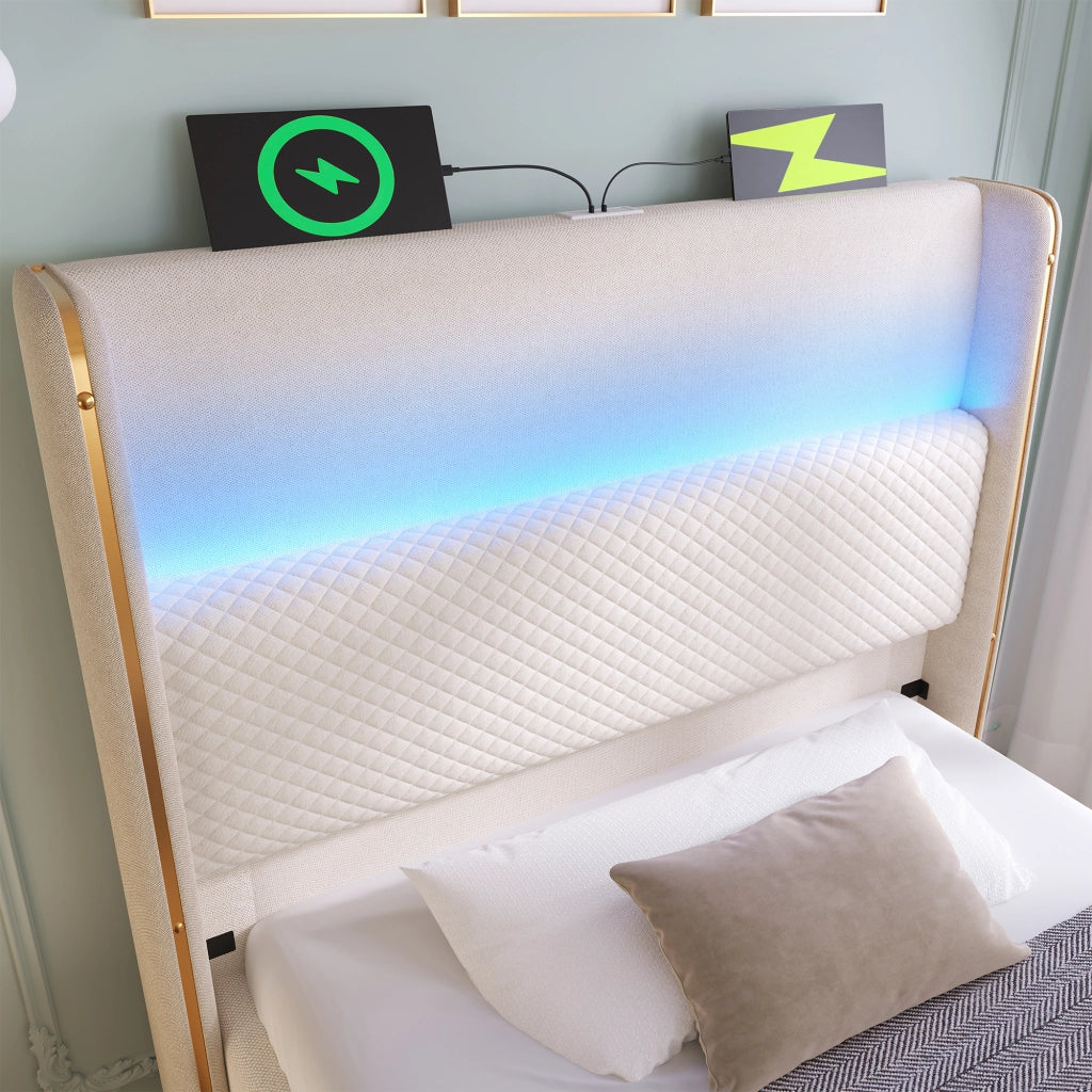 LETTO idraulico 90x200 cm in lino beige con LED, USB e Type-C