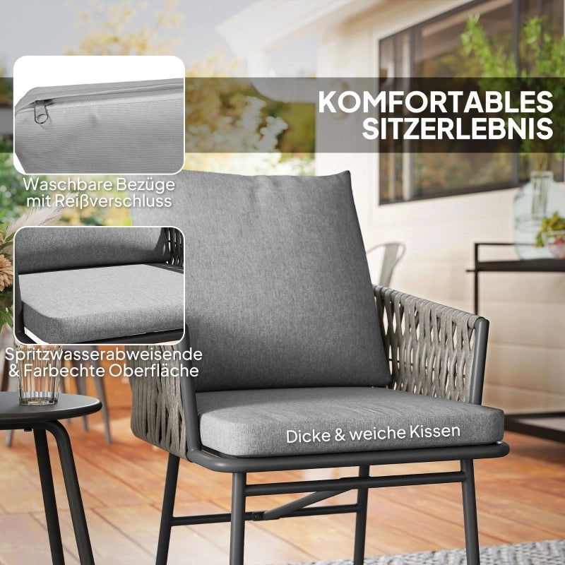 OKWISH Set da 3 mobili da giardino con 2 poltrone e tavolino da bistrot, cuscini sfoderabili, Acciaio Grigio