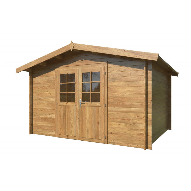 Casetta in legno da giardino 358x296 cm impregnato autoclave 28 mm, porta doppia con vetro e serratura, deposito esterno - Esterni da Vivere