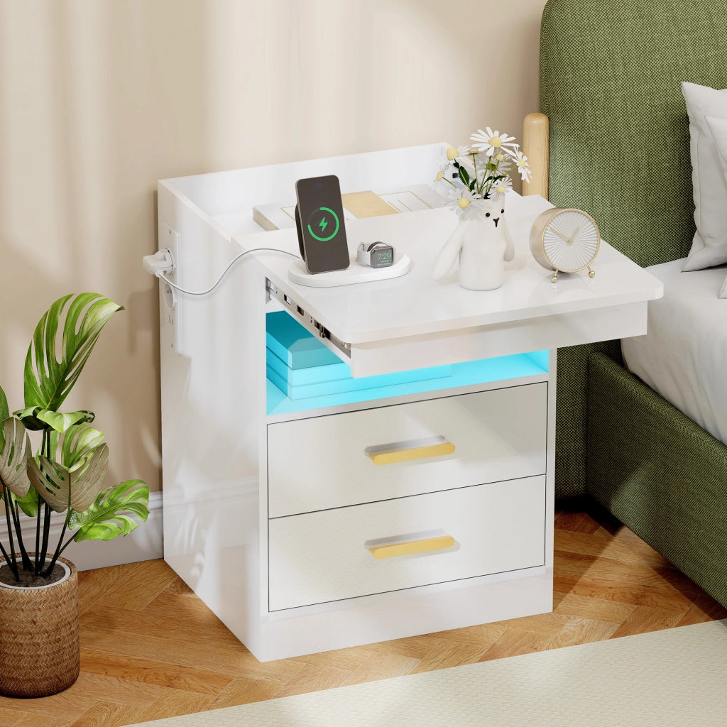 Comodino con ricarica LED RGB ¨C Xylo ¨C lucido bianco