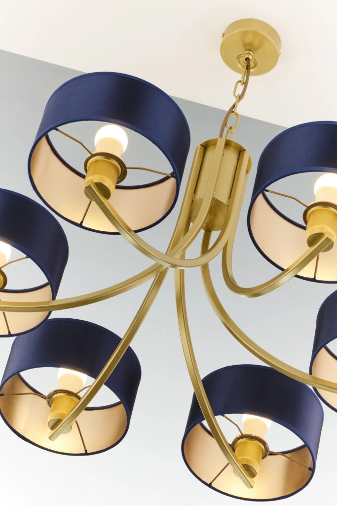 Lampadario oro a catena ARTHUR 6xE27 paralumi blu