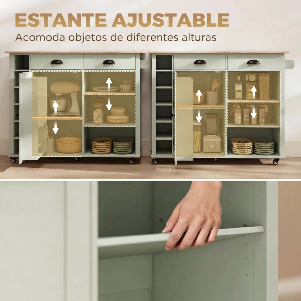 Armadio da Cucina con Ruote, Anta con Ripiani e 2 Cassetti ¨C Zephmum ¨C 117.5x70x91 cm Verde Chiaro