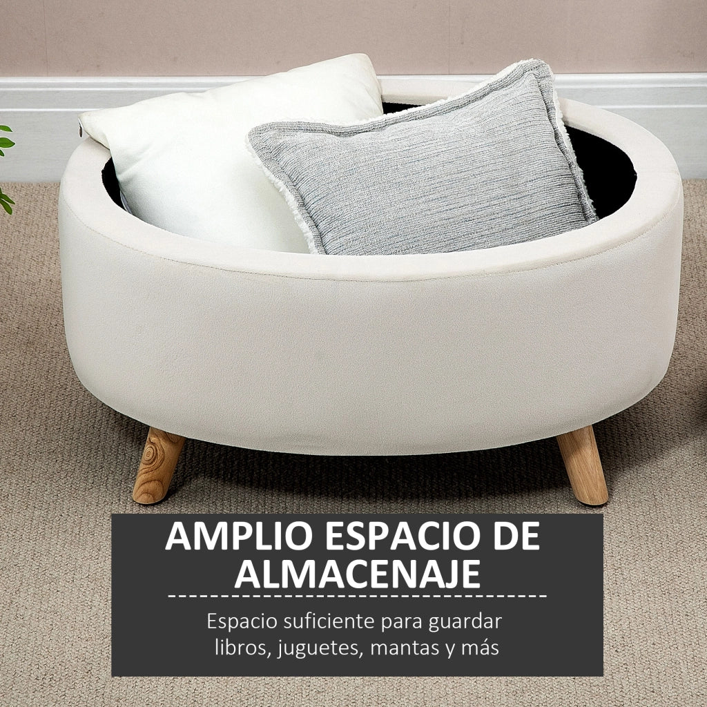 Pouf contenitore ovale ¨C Xylo ¨C velluto beige, gambe legno massello, 71x51,5x42 cm