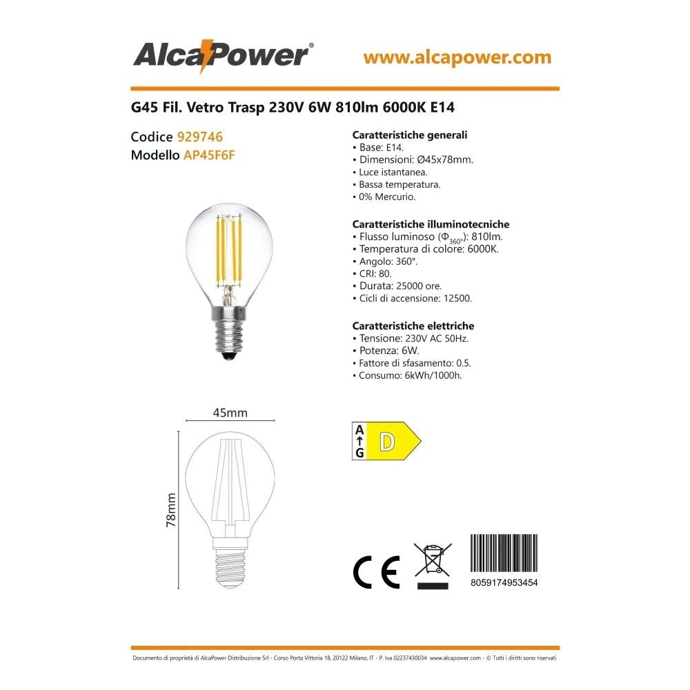 Alca power g45 6w 220v 810lm 6000k e14 lampada classica a led vetro trasparente