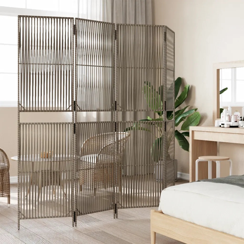 Divisorio per Ambienti | Divider per stanze | Paravento a 4 Pannelli Grigio in Polyrattan