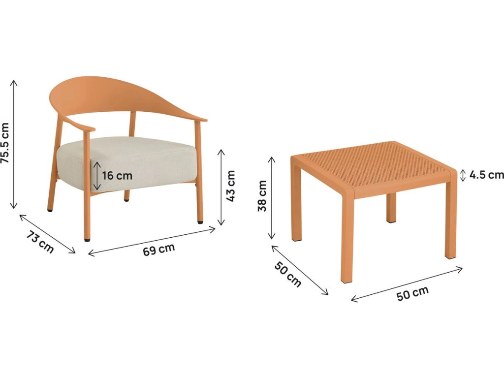 Set di mobili da giardino in metallo e plastica "Céora" - 2 posti - Arancione