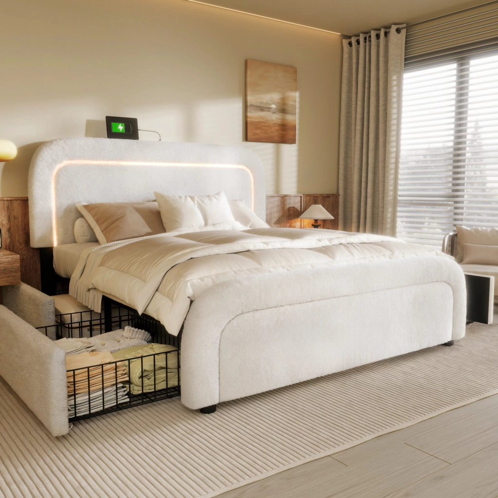 LETTO imbottito con USB Type-C, LED e 4 cassetti 140x200 cm Sherpa bianco