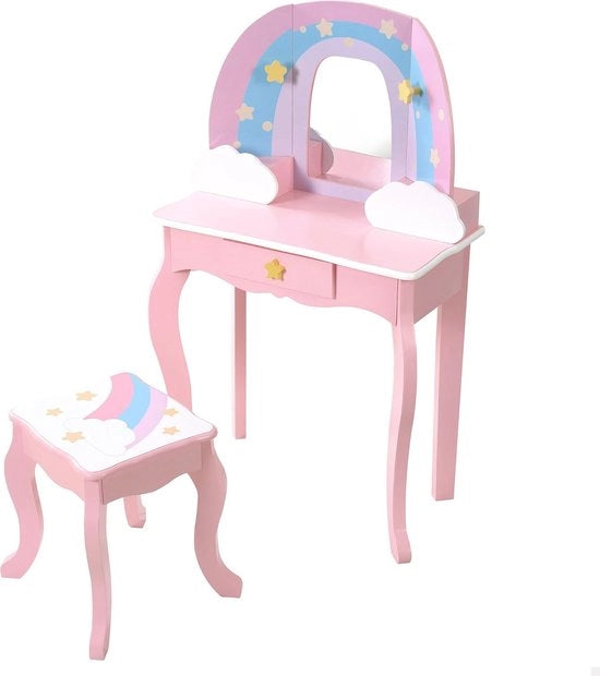 Sedia a sdraio in legno con sgabello e specchio per bambini