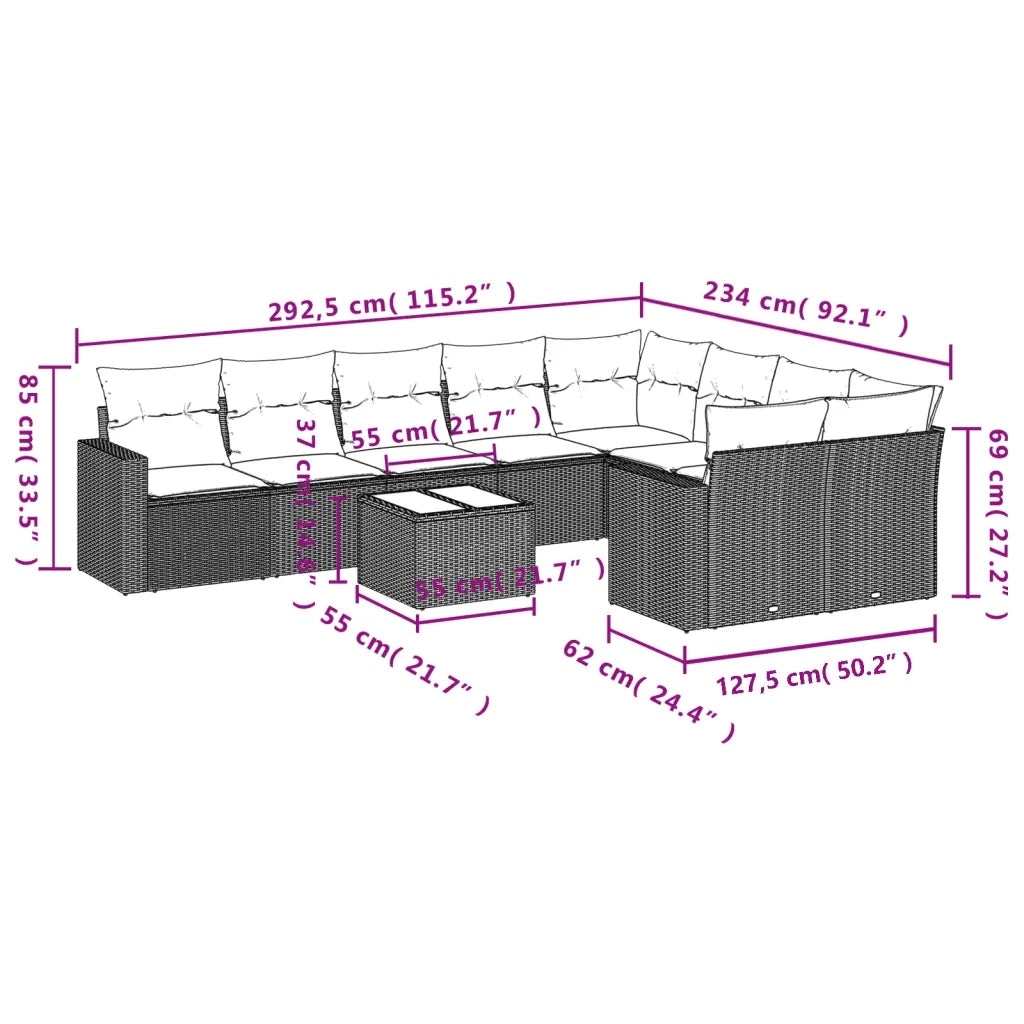 Set Divano da Giardino 10 pz con Cuscini Beige in Polyrattan 3219438