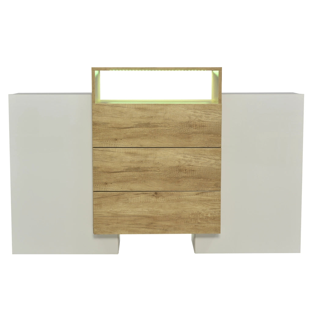 Sideboard moderno - Zephmum - 140cm - Bianco lucido e colore legno - Effetti luce LED multicolore
