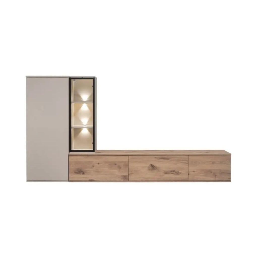 Composizione murale CALIRE – Mobile TV e contenitori sospesi – Quercia Vicking e Cashmere