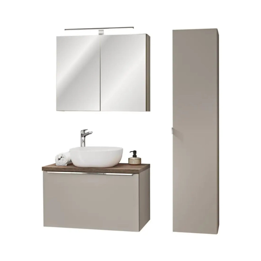 Set VANTA taupe: mobile sottolavabo 80cm + lavabo da appoggio + mobili da rangement + specchio + LED
