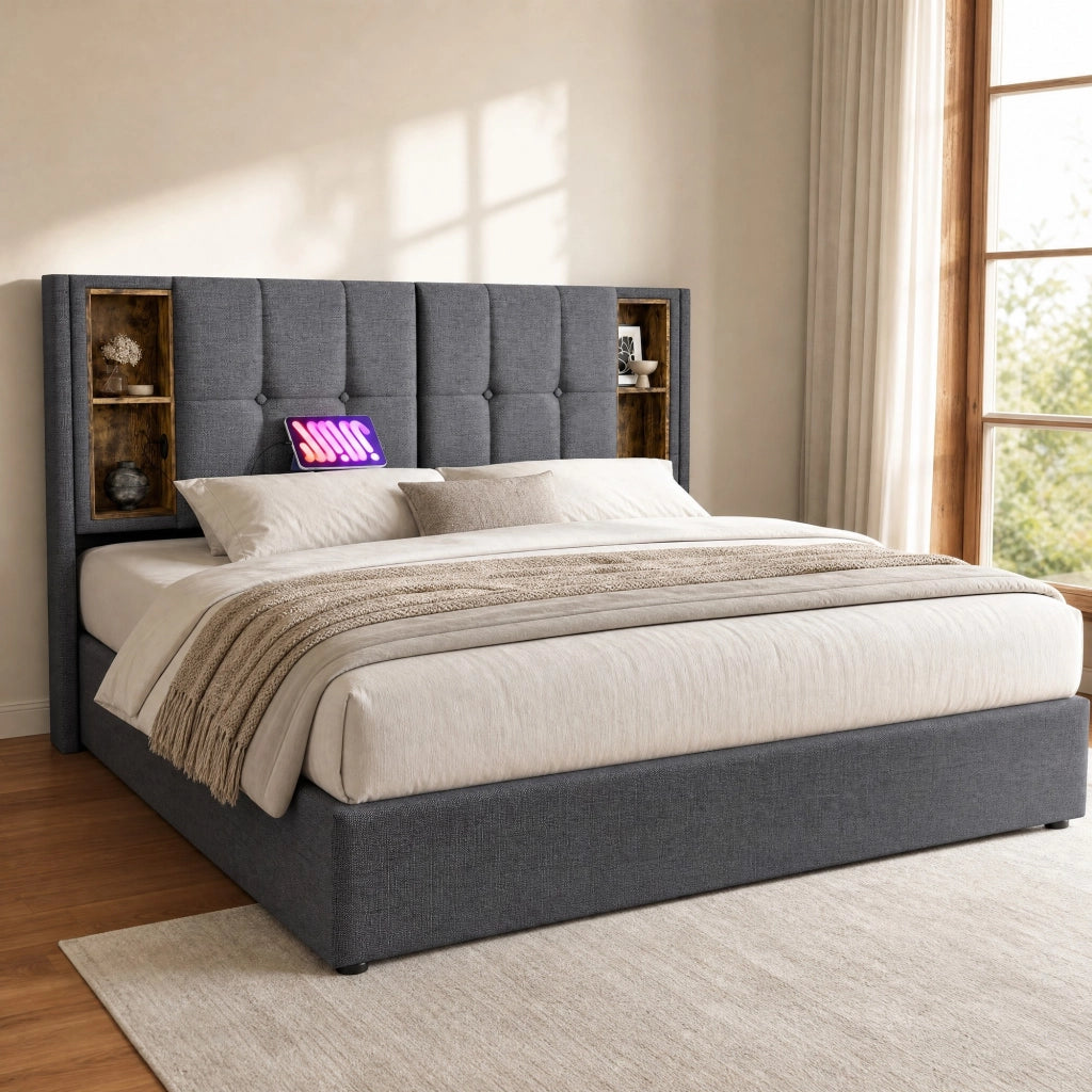 LETTO Contenitore 160x200 cm con ricarica wireless, Grigio, Cotone