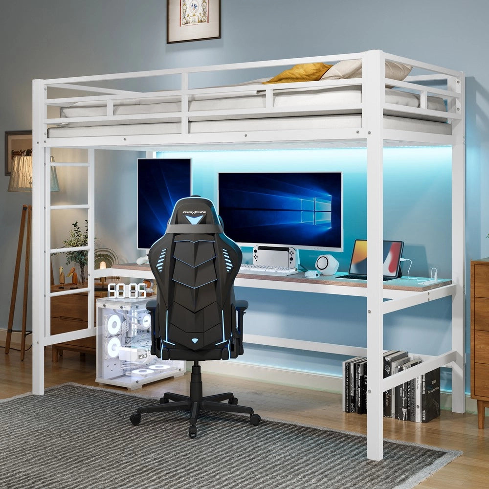 Letto a Soppalco con LED, USB e Luce App ¨C MINIMAL ¨C Metallo Bianco 90x200
