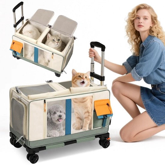 Cassa di trasporto con ruote - Pieghevole - Adatta per 2 gatti - Cintura di sicurezza - Spaziale - Dimensioni 61 x 33 x 35 cm - Trasporto animali