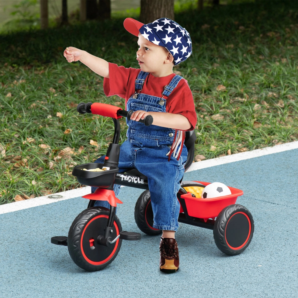 Triciclo Bambini Regolabile con Sedile e Cestini ¨C Minimal ¨C Rosso e Nero