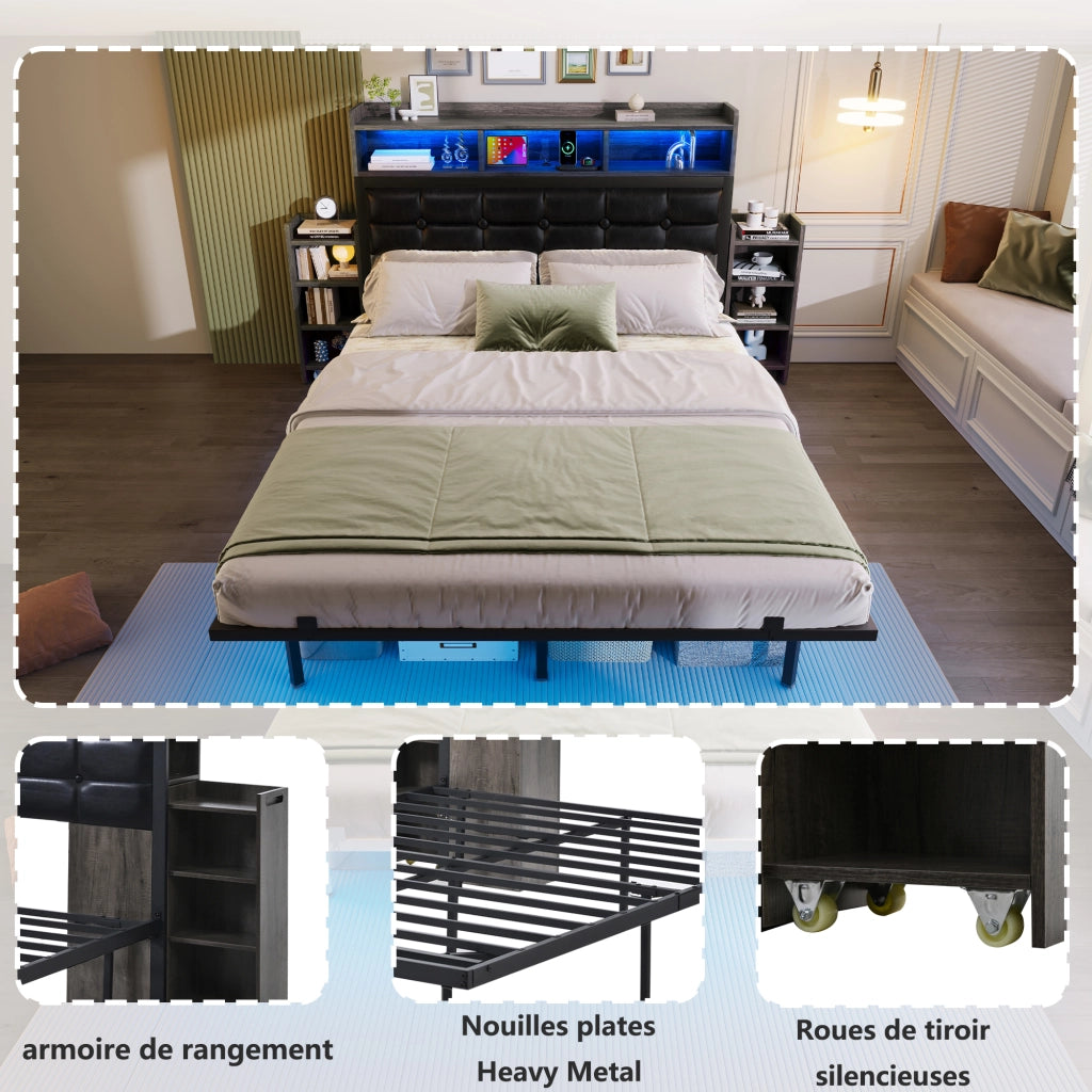 Letto matrimoniale 140x190 grigio con doghe 2 comodini estraibili USB/Type-C LED