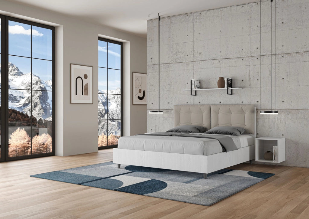 BS COM Letto matrimoniale con rete 160x190 bianco frassino cuscini similpelle tortora